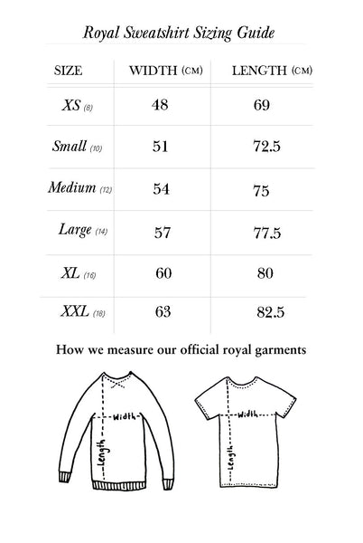 Ethically Produced Handprinted Sweatshirt Sizing Guide